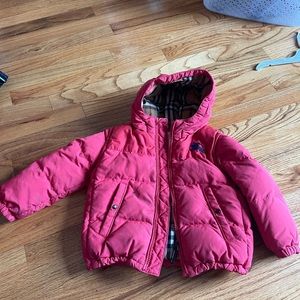 Boys red Burberry puff jacket - 2 stains on front and under arm
